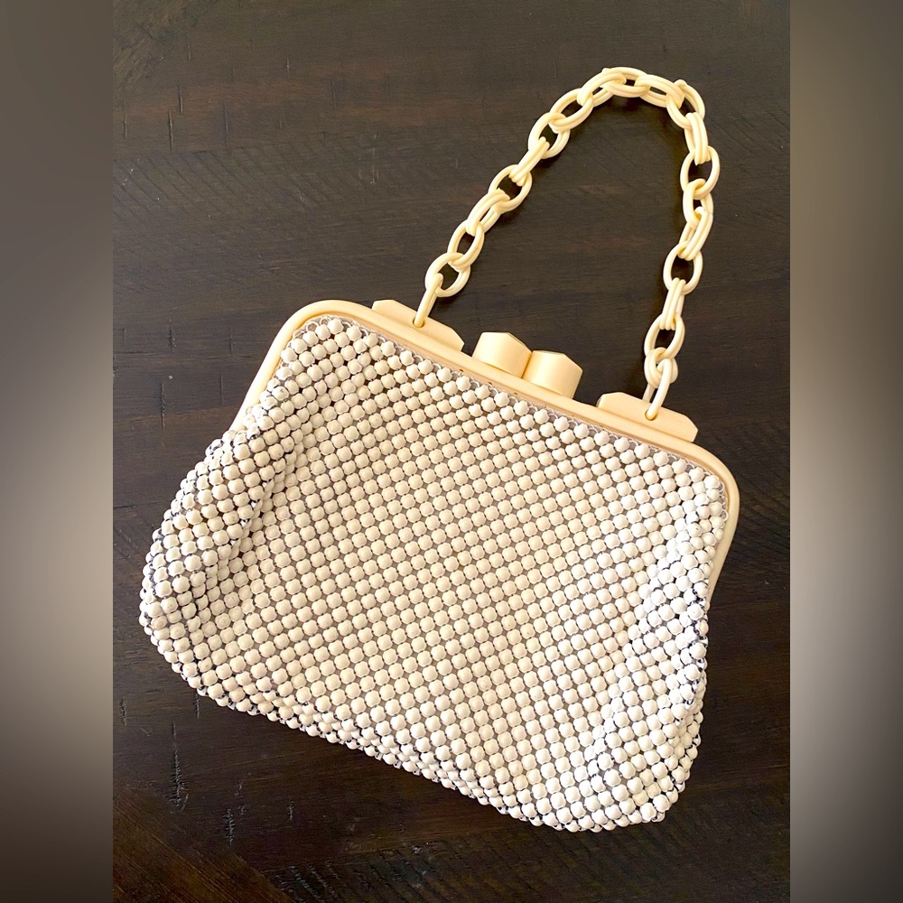 VTG 40s 50s Whiting & Davis Alumesh Cream Clutch Purse Handbag With Chain Strap
